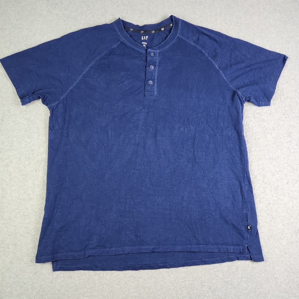 GAP Henley T Shirt Mens XXL‎ Blue Slub Cotton Casual Side Slit Short Sleeve Tee